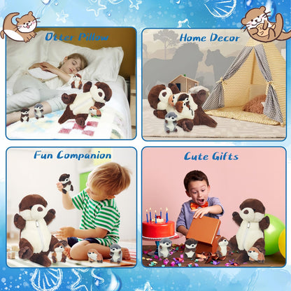 5 Pcs Sea Otter Stuffed Animal Plush Otter Set Large Mommy Stuffed Otter Plush Toy with 4 Babies in Zipper Pouch, Soft Cuddly Otter Plushies Pillow for Kids Boys Girls Birthday Christmas Plush Gifts