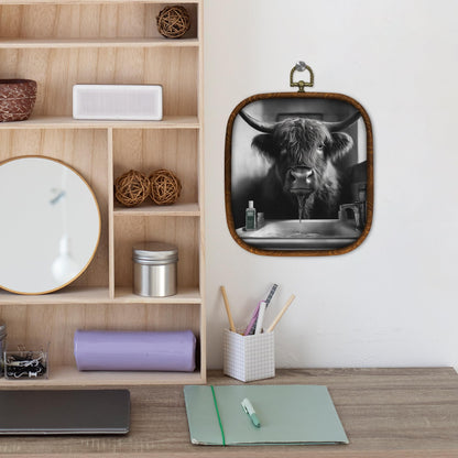 WULQYING Funny Highland Cow Bathroom Wall Art Decor, Highland Cow Framed Canvas Art Prints, Black and White Farmhouse Farm Animal Wall Hanging Decor for Home Bathroom Washroom Restroom, 5.7x6.5 Inches