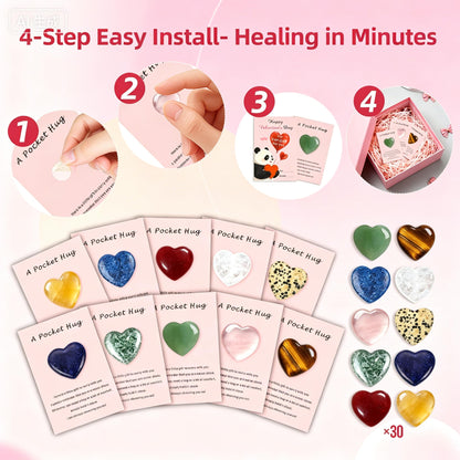 VRBELNI 30 Packs Healing Crystals Set for Anxiety Stress Relief, Natural Heart Chakra Stones Reiki Kit with Positive Cards, Self Care Gift for Women Men (Comes with 'Valentine's Day' Printed Card)