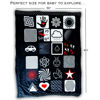 Baby Tummy Time Mat – High Contrast Black White Red Sensory Play Blanket for Newborn Visual Development, Infant Floor Play Area with Sherpa Backing, 50” x 60”