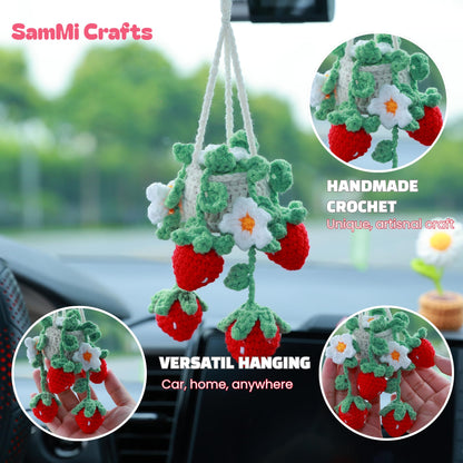 Handmade Strawberry Pot Crochet Car Hanging Ornament, for Mom, Cute Rear View Mirror Car Charm, Yarn Car Accessory for Women (Strawberry Pot)