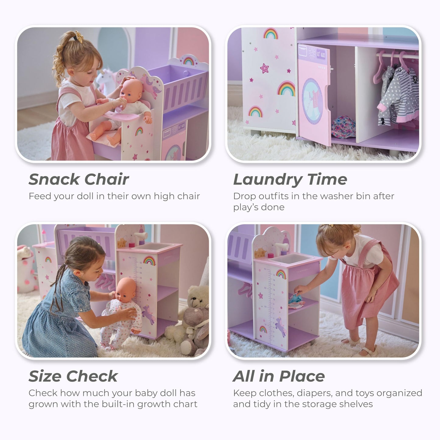Olivia’s Little World Fantasy Care Doll Nursery 6-in-1 Unicorn Themed Baby Station with Cradle, Washer, High Chair, Sink & Closet with 3 Wooden Hangers for Pretend Play, for Girls Ages 3 and Up
