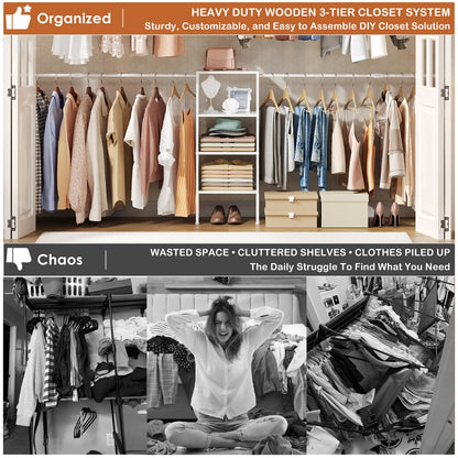Small Closet System with Shelves, 5FT-8FT Closet Organizer System, Wooden Shelves for Closet with 2 Hanging Rods, Walk-in Closet Organizer, Adjustable Wardrobe Clothes Rack, Garment Rack, Pure White