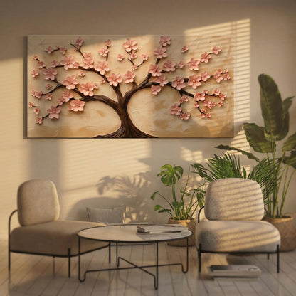 BirdSuite 3D Pink Cherry Blossom Tree Wall Art, Canvas Print Wall Decor for Living Room, Modern Floral Painting, Ready to Hang-58x29 Inches