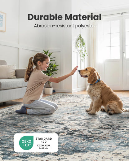AMADA HOMEFURNISHING 8x10 Washable Area Rug, Low-Profile with Non-Slip Backing & Durable Edge Binding, Vintage Large Rugs for Living Room, Bedroom, Dining Room, Blue