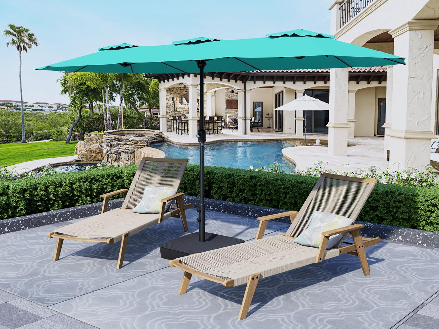 Bigroof 15ft Patio Umbrella with Base, Large Outdoor Double-Sided Market Umbrella with Terylene Polyester Fabric and Crank for Poolside Garden Deck Backyard Beach Pools (Turquoise)