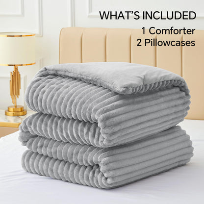 BEDELITE Fleece Queen Comforter Set -Super Soft & Warm Fluffy Light Grey Bedding, Luxury Fuzzy Heavy Bed Set for Winter with 2 Pillow Cases