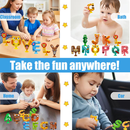 Mold Free Suction Bath Toys for Kids 26PCS, Bathtub Silicone ABC Alphabet Educational Montessori Sensory Toys for Baby/Toddlers, No Hole Animal & Letters Learning Toy with Storage Net for Autism/ADHD