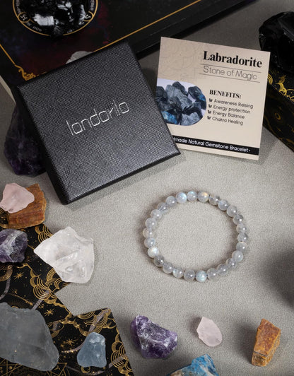 Landorilo Beaded Bracelet for Men Women, 8mm Natural Stone Labradorite Healing Crystal Stretch Bracelets, Ideal Christmas Birthday Jewelry Gifts with Energy Card，Replacement Beads Included