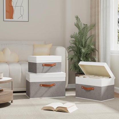 YheenLf Fabric Storage Bin, Storage Basket with Lids, Closet Organizer Box with Handles for Shoes Books Towels, White and Grey, 1 Pack, 13 x 9.1 x 7.9 Inch