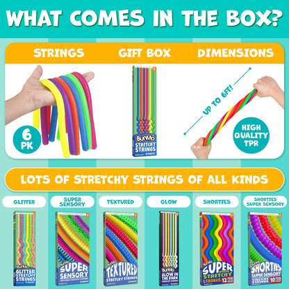 BUNMO Sensory Toys Stretchy Strings for Toddlers 3+ - Stimulating & Addictive Fidget Toys for Kids - Hours of Fun for Kids - Non-Mouthable Toy 3+ - Smooth 6 Pack