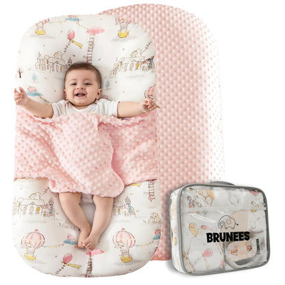 Baby Lounger Pillow for Newborn – Large Infant Lounger 0-24 Months | Anti-Startle Removable Wings, Breathable Mesh Core | 2-Sided Cotton & Minky Cover | Tummy Time Mat, Portable Baby Nest (Pink)