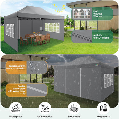 COBIZI 10x15 Heavy Duty Pop up Canopy Tent with 4 sidewalls, Commercial Outdoor Tents for Parties,Backyard Event, Wedding, All Season Waterproof Event Shelter with Carry Bag, Gray(Frame Thickened)