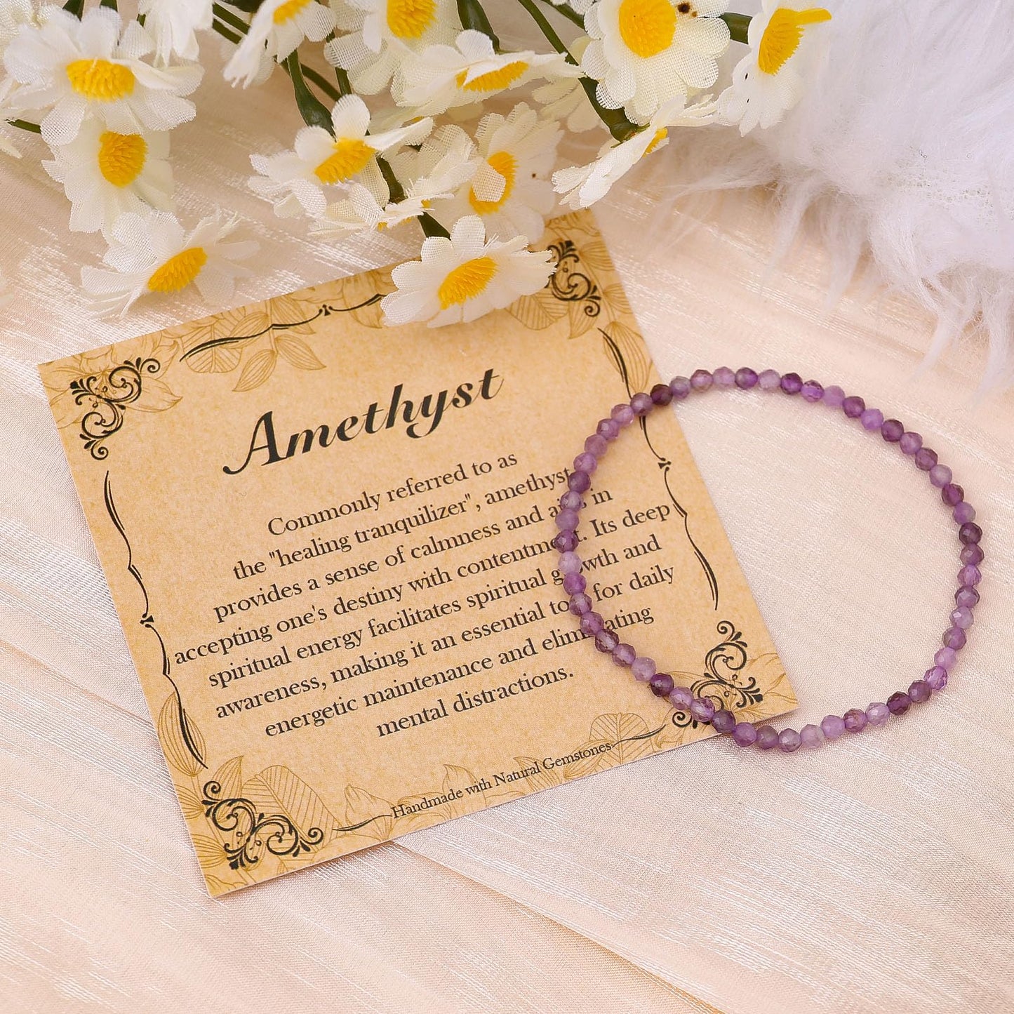 BONNY BOXX Natural Genuine Gemstone Faceted Round Beads Bracelets, 3mm Adjustable Stretchy Tiny Faceted Amethyst Bracelet, Healing Crystal Reiki Chakra Dainty Jewelry Fashion Gifts