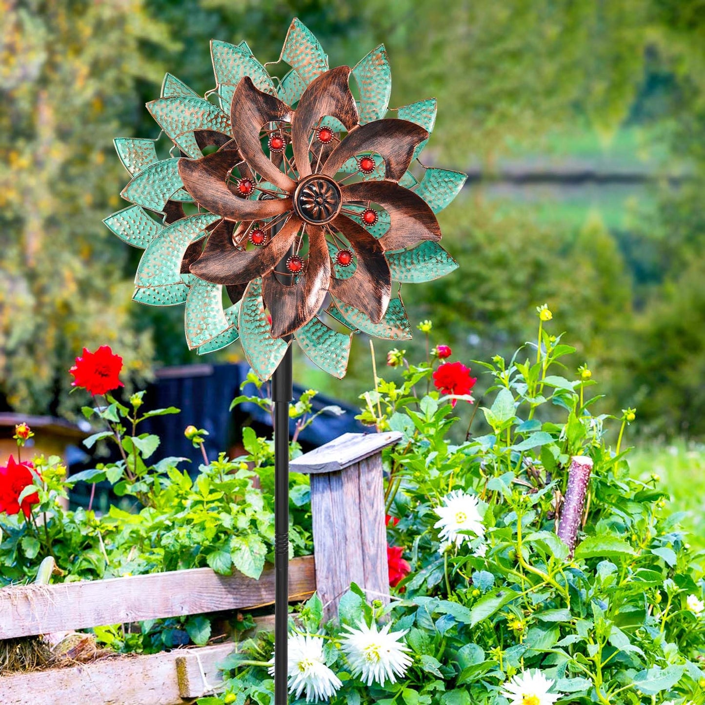 KHayRovies 360°Metal Wind Spinners Outdoor for Garden Yard, 64" Kinetic Large Wind Spinner & Sculptures with Stable Metal Stake, Garden Windmill for Yard Lawn Patio Art Decor (Green-Brown)