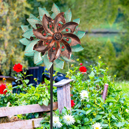KHayRovies 360°Metal Wind Spinners Outdoor for Garden Yard, 64" Kinetic Large Wind Spinner & Sculptures with Stable Metal Stake, Garden Windmill for Yard Lawn Patio Art Decor (Green-Brown)