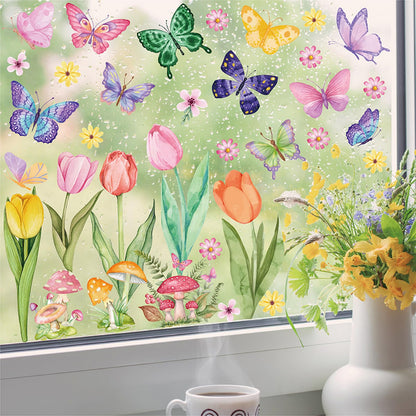 83 PCS Summer Window Clings Spring Flower Window Stickers Decorations for Glass Windows, Easter Tulip Butterfly Flower Window Decals