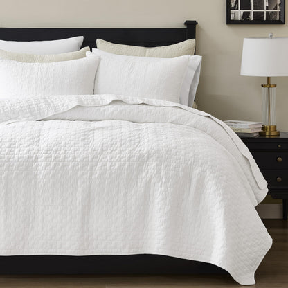 palassio White 100% Cotton Quilt Queen Size Bedding Sets with 2 Pillow Shams, Textured Lightweight Soft Bedspread Shabby Chic Coverlet, Quilted Comforter Bed Cover for All Season, 3 Pieces