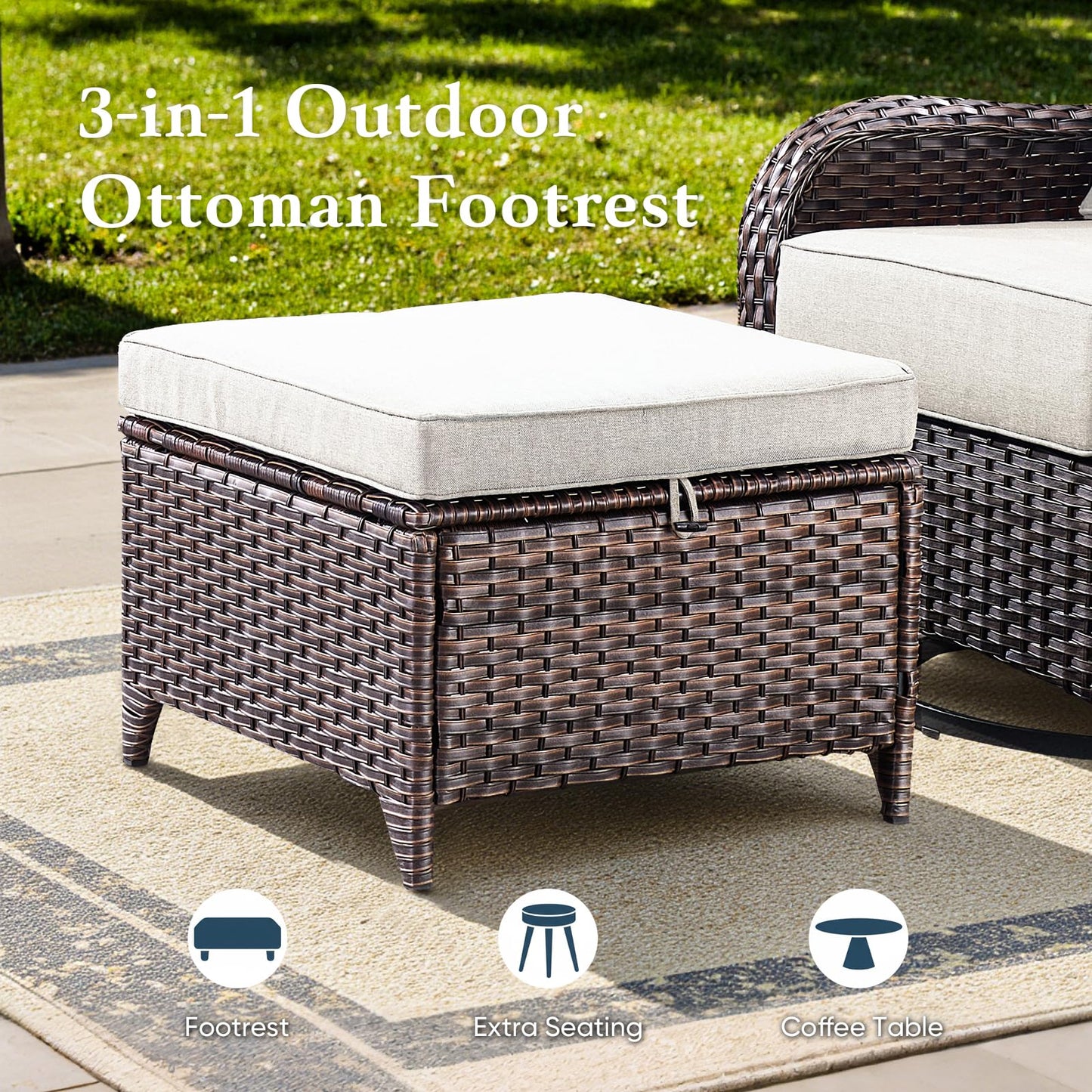 Belord Luxury 6" Thick Cushioned 10 Pieces Patio Furniture Set with Fire Pit Table, Wicker Outdoor Conversation Set with High Back Swivel Rocker Chairs for Deck Porch Yard and Poolside - Brown+Beige