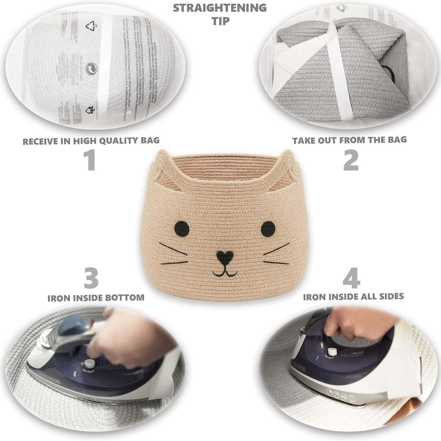 VK VK·LIVING Animal Baskets Large Woven Cotton Rope Storage with Cute Cat Design Laundry Organizer for Towels, Blanket, Toys, Clothes, Gifts – Cat Toy Box Pet or Baby Gift Baskets 15"Lx14H"