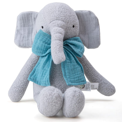 CUDDLE CORNER Stuffed Animal Organic Cotton Baby Plush Toys, 9” Organic Sitting Elephant with Rattle Soft Cuddly Toy for Boys and Girls