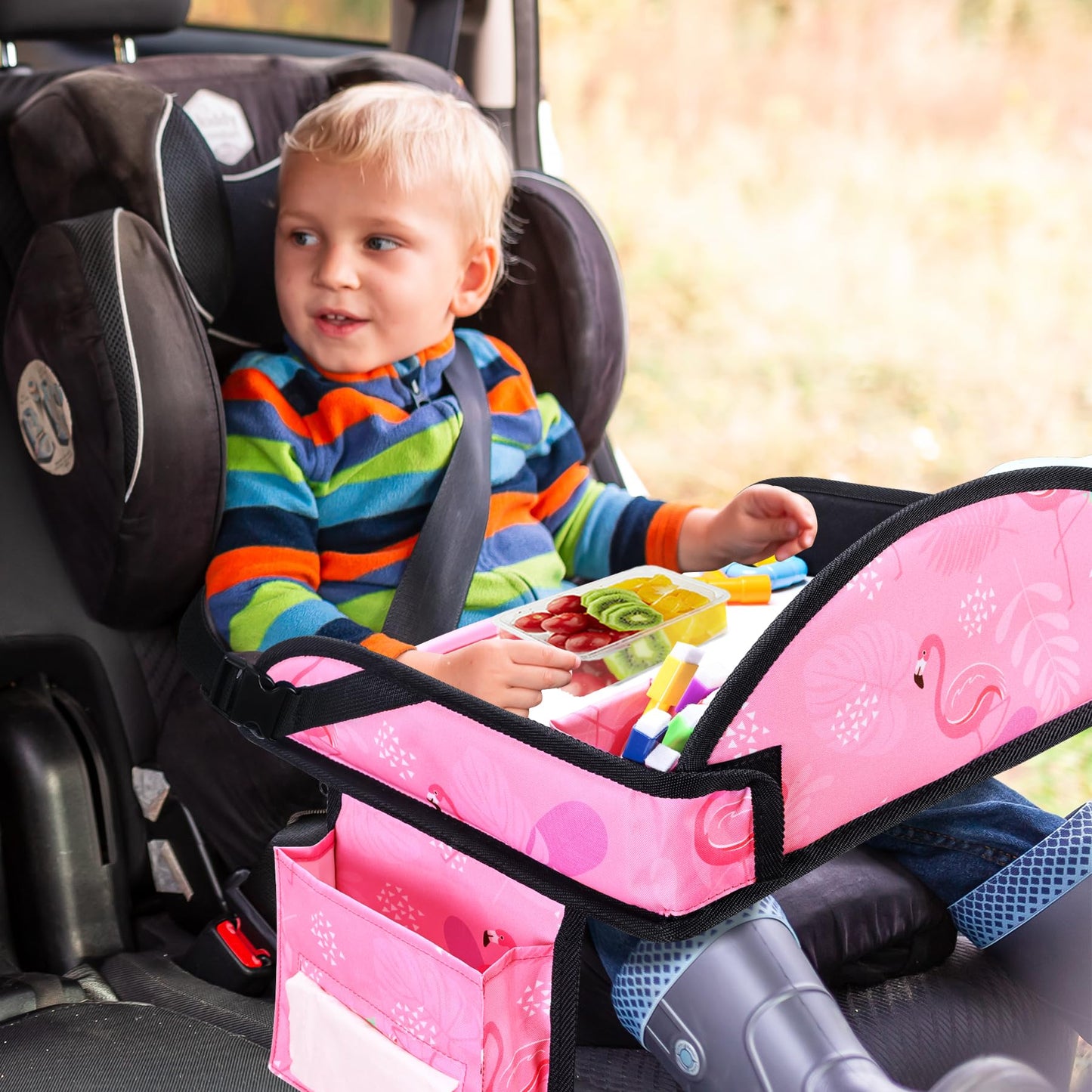 WENRENER Kids Travel Tray, Car Seat Tray for kids Travel, Toddler Road Trip Essentials With Drawing Kit, Toddler Lap Desk Organizer for Car, Carseat Table for Airplane