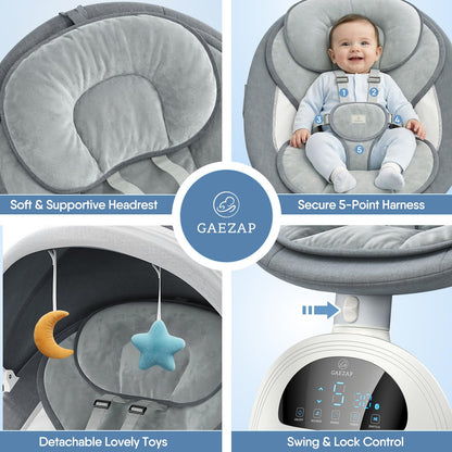 GAEZAP Electric Baby Swing for Infants, Portable Infant Swing with Music Speaker, 5 Swing Speeds, Remote Control, for Indoor Use, Newborn Boys & Girls, White