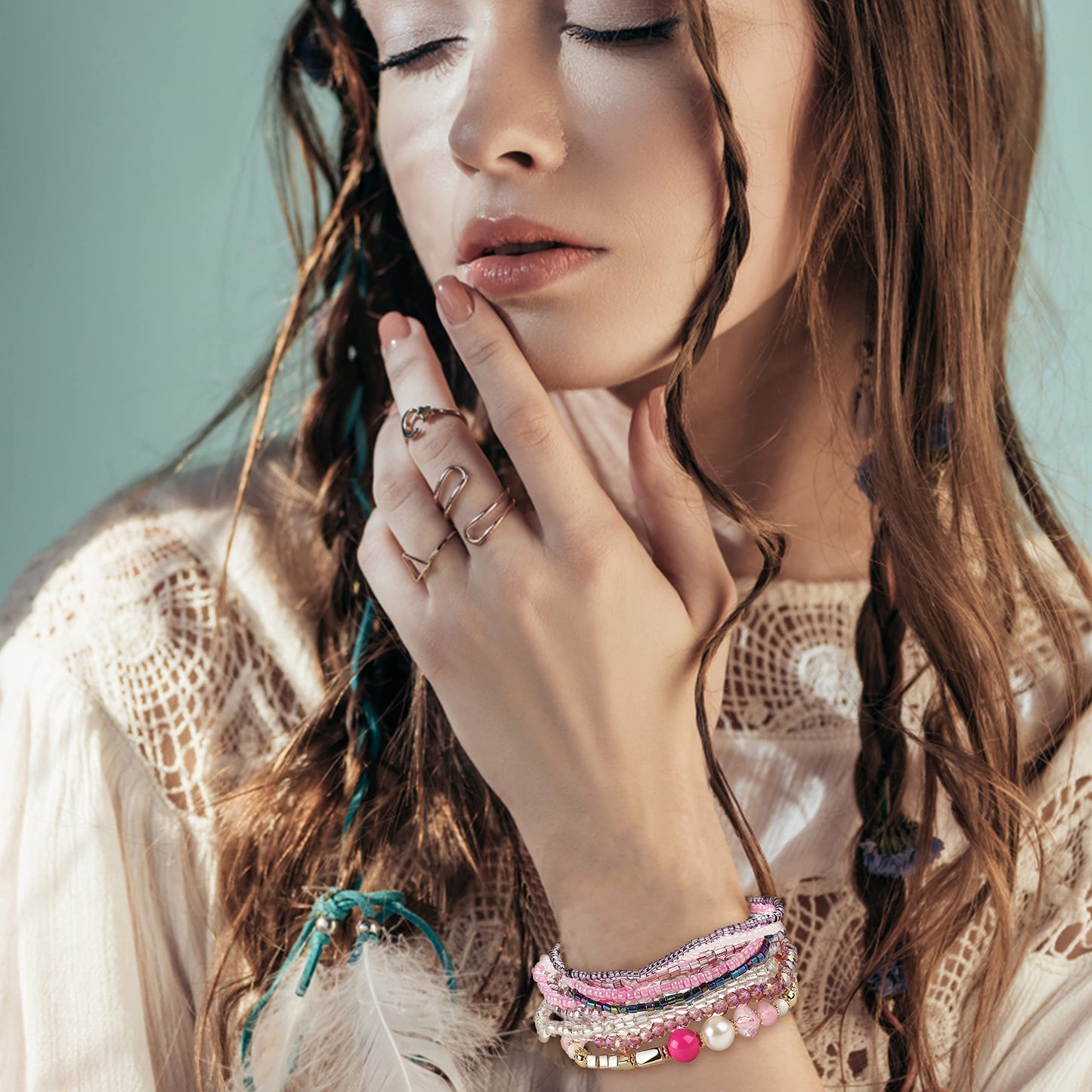 FIBO STEEL 6 Sets Bohemian Stackable Bead Bracelets for Women Stretch Multilayered Bracelet Set Multicolor Jewelry Boho Jewelry,Small Beads Stylish Style