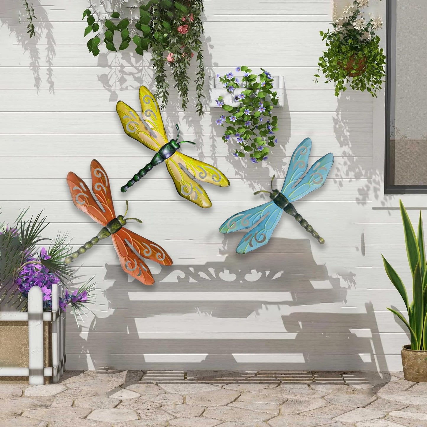 PLASUPPY Metal Dragonfly Wall Decor Outdoor Garden Fence Art Hanging Decorations for Patio, Yard, Indoor Home, Living Room, Bedroom, 3 Pack