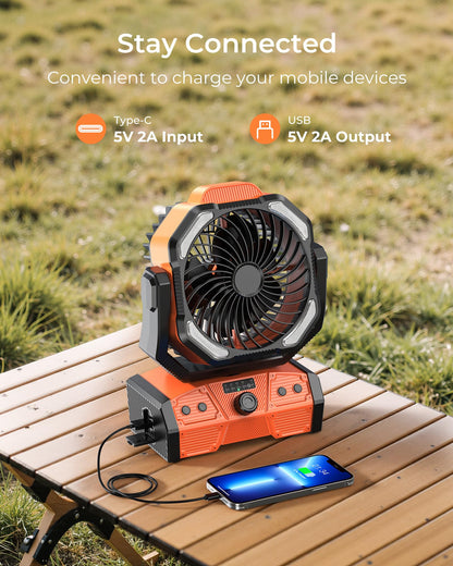 8” Portable Rechargeable Fan, Battery Operated Camping Fan with 27H Work Hours, Remote, Auto Oscillation, Timer, Hook for RV Tent Hurricane Emergency Orange