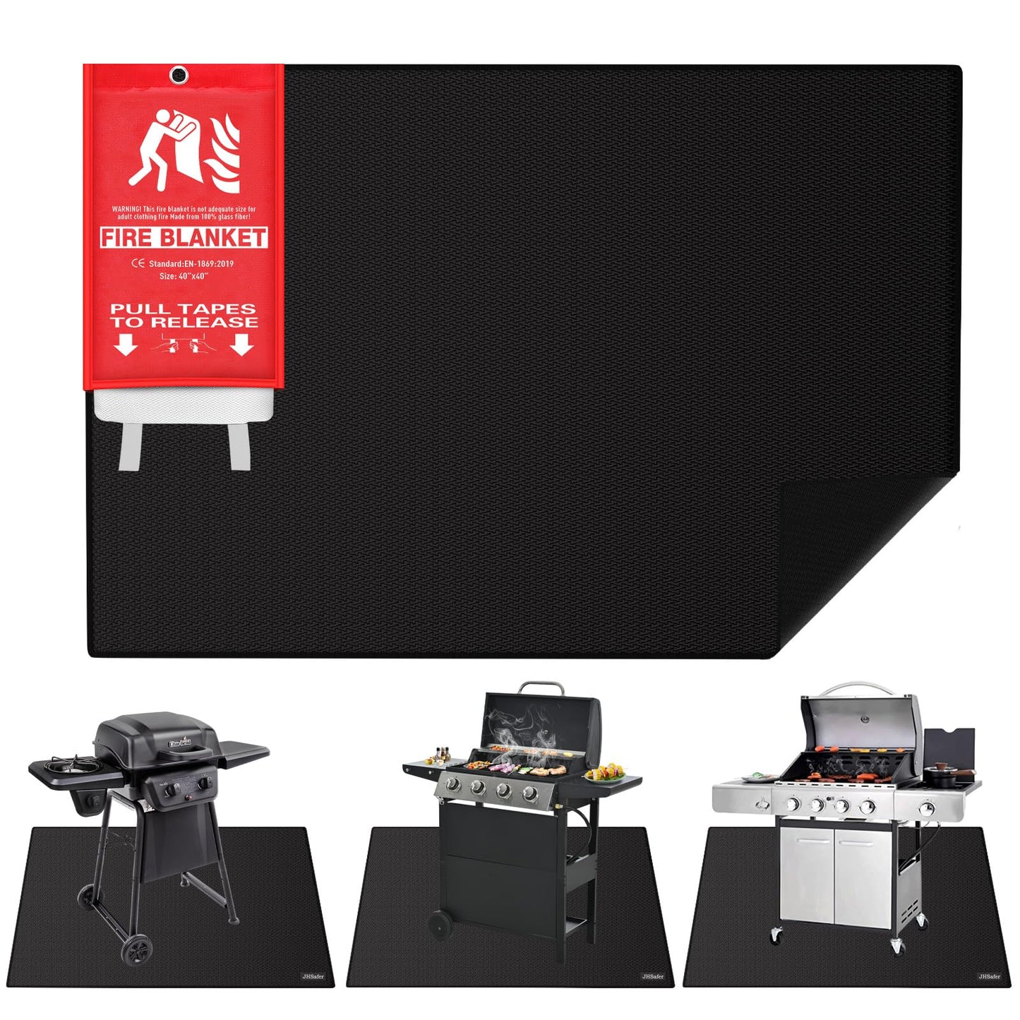 JHSafer Large 76" x 52" Under Grill Mat with 40" x 40" Fire Blanket, Double-Sided Fireproof Grill Pad for Outdoor Grill,Indoor Fireplace Fire Pit Mat, Waterproof Oilproof BBQ Mat for Deck Patio Lawn
