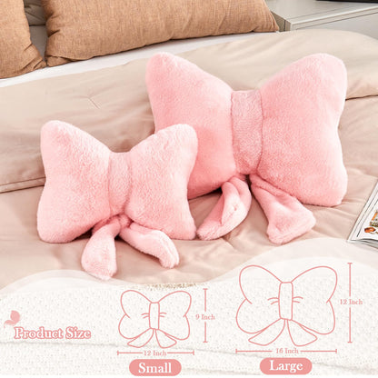 XVTRU Pink Bow Pillow, Soft Bow Decorative Pillows with Faux Rabbit Fur, Cute 12" Bow Throw Pillows, Aesthetic Home Decor Bow Shaped Plush Pillow for Bedroom Sofa Couch