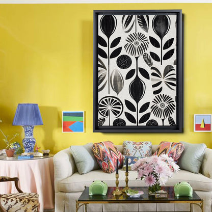 Scandinavian Folk Art, Black and Beige Abstract Botanical Wall Art for Scandinavian Home Decor