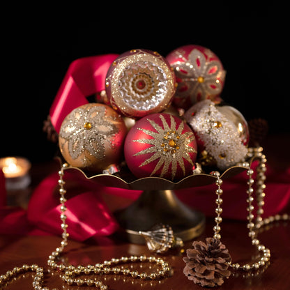 Valery Madelyn Glass Christmas Ornaments Set, 10ct Red Gold Mercury Blown Large Glass Christmas Tree Ball Decorations, Luxury Hanging Teardrop Finial Faceted Reflector Decor