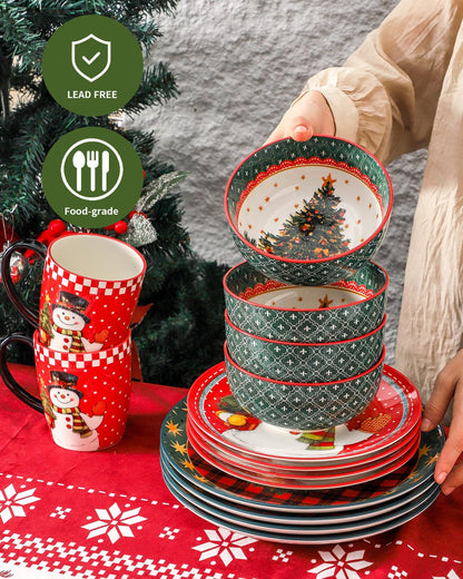 Hasense Dinnerware Set of 4, Ceramic Holiday Plates and Bowls Sets with Mugs, 16 Pieces Chip & Scratch Resistant Serving Dishes for Party Everday Use, Microwave and Dishwasher Safe