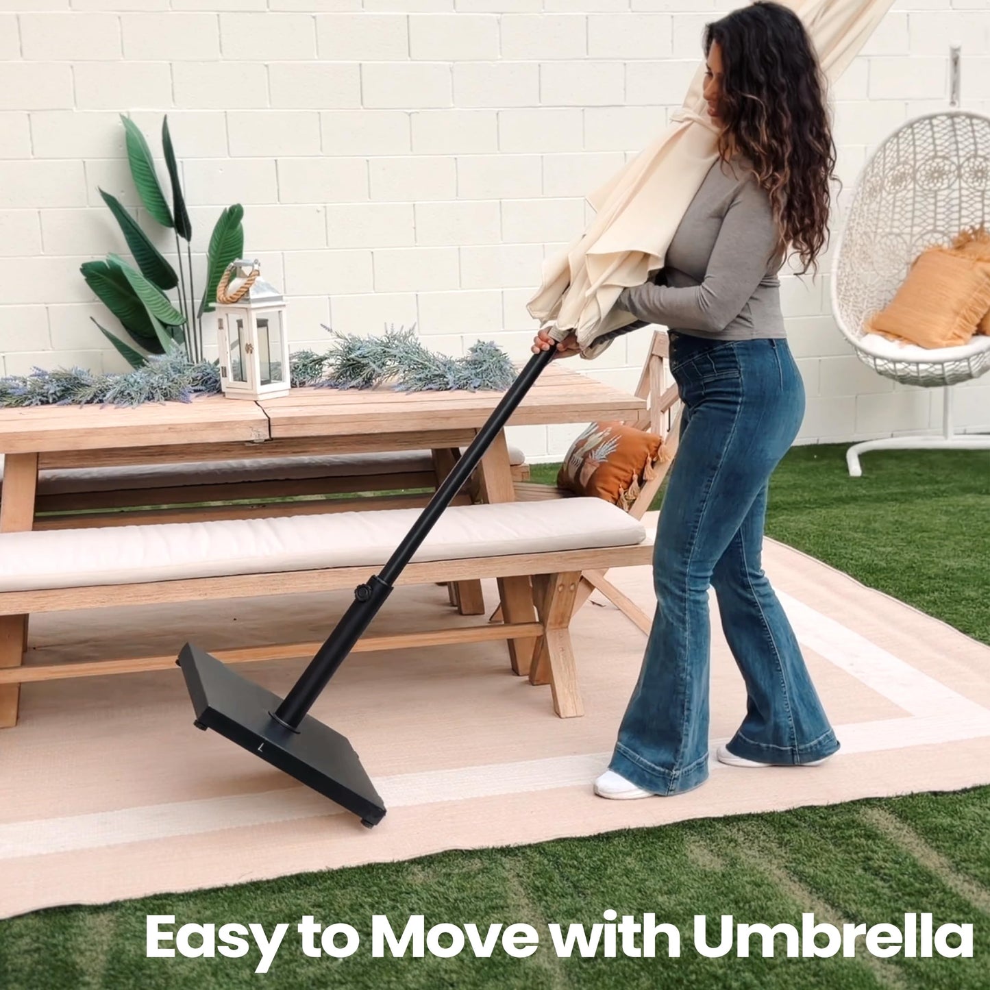 VredHom Patio Umbrella Base 43lbs Outdoor Umbrella Stand with Wheels, Heavy Duty Square Concrete Stand Market Umbrella, Black