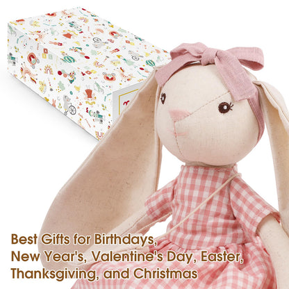 Mikee Fluffie 15" Bunny Stuffed Animal for Girls, Plush Toy Doll -Wearing Pink Plaid Dress,Cute Doll Set Dress Up for 3 4 5 Year Old Girl - Gift for Little Girl, Birthday, Easter,Christmas