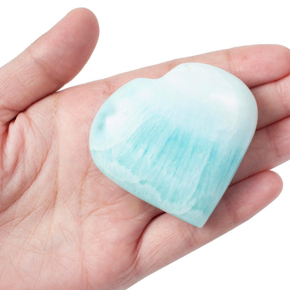 Crocon 50mm Blue Aragonite Heart Stone Big Heart Shape Puff Stones Set 450+ Carats Pocket Crystal Healing Tumble Collection Palm Worry Stone Good Luck Charm Meditation Gift Craft Home Decor