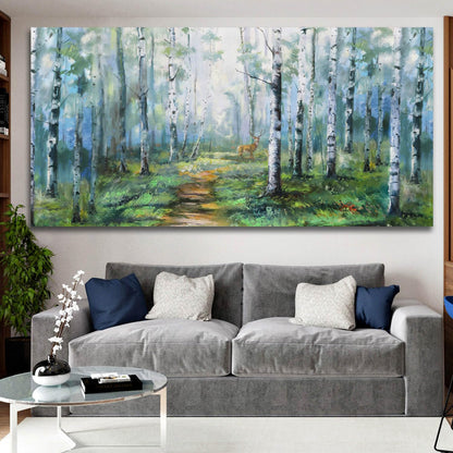 Enartly Birch Tree Wall Art for Living Room, Large Wall Decor Canvas Painting Green Forest Nature Picture Scenery Artwork Textured Framed for Bedroom Hallway Home Office Decoration 48"x24"