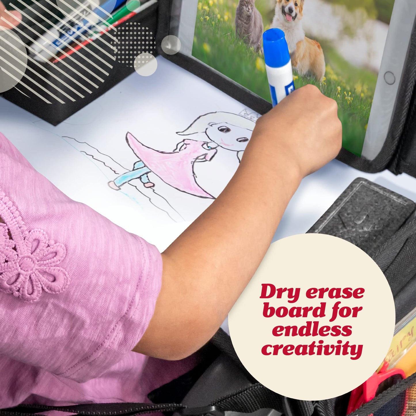 Lusso Gear Kids Car Seat Travel Tray - Dry-Erase Tablet Holder for Road Trip Activities - Cup Holder & Storage for Toddler Travel Essentials - Plane Activity Tray for Airplane Essentials - Dinos