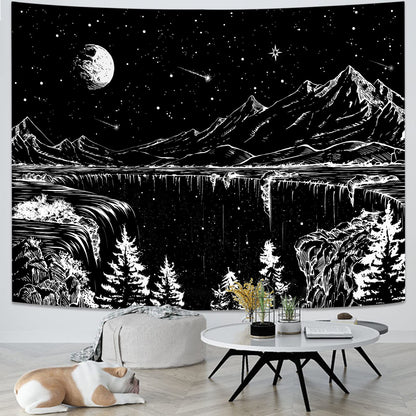 Zussun Black and White Tapestry Starry Night Mountain Tapestries for Bedroom Aesthetic Moon and Stars Tapastry's Wall Hanging Dark Nature Forest Wall Tapestry for Living Room Dorm (48'' × 36'')