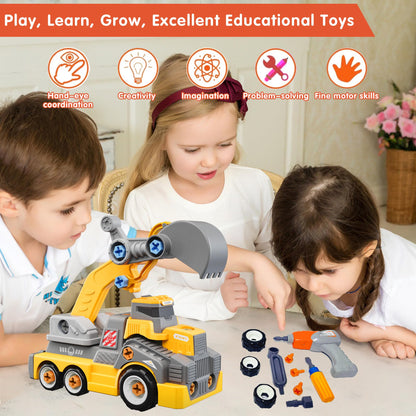 EKU EASYKU 11inches Large Take Apart Construction Toys Excavator Truck for Boys Girls Kids 3-5 6-8 Electric Drill Set Assembly Building Toys