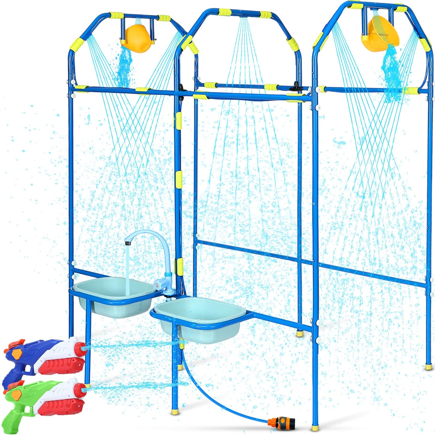 THISWUW Water Park Sprinkler Toy for Kids, Heavy-Duty Steel Backyard Waterpark Splash Game with Shooting Toys, Splash Buckets, Water Table & Faucets, Water Play Activities Outdoor Summer Fun