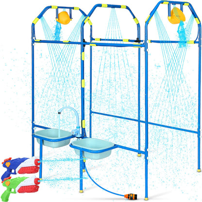 THISWUW Water Park Sprinkler Toy for Kids, Heavy-Duty Steel Backyard Waterpark Splash Game with Shooting Toys, Splash Buckets, Water Table & Faucets, Water Play Activities Outdoor Summer Fun