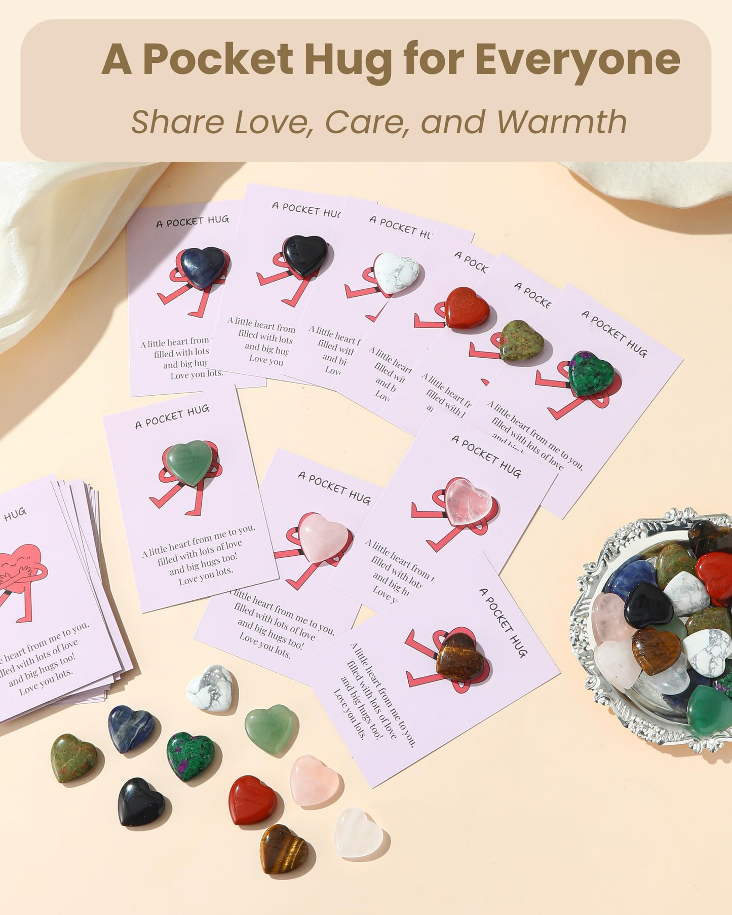 QianCannaor Pocket Hug Bulk Heart Stones - 30 Sets Natural Healing Gemstones with Greeting Cards - Bulk Valentines Day Gifts for Adults, Ladies, College Students, Friends - Thinking of You Anxiety Relief Keepsake
