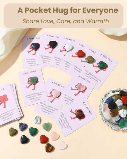QianCannaor Pocket Hug Bulk Heart Stones - 30 Sets Natural Healing Gemstones with Greeting Cards - Bulk Valentines Day Gifts for Adults, Ladies, College Students, Friends - Thinking of You Anxiety Relief Keepsake