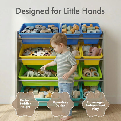 Humble Crew Toy Storage Organizer with 12 Removable Storage Bins for Kids Playroom, 4-Tier Toddler Toy Organization, Grey/Blue/Green/Yellow