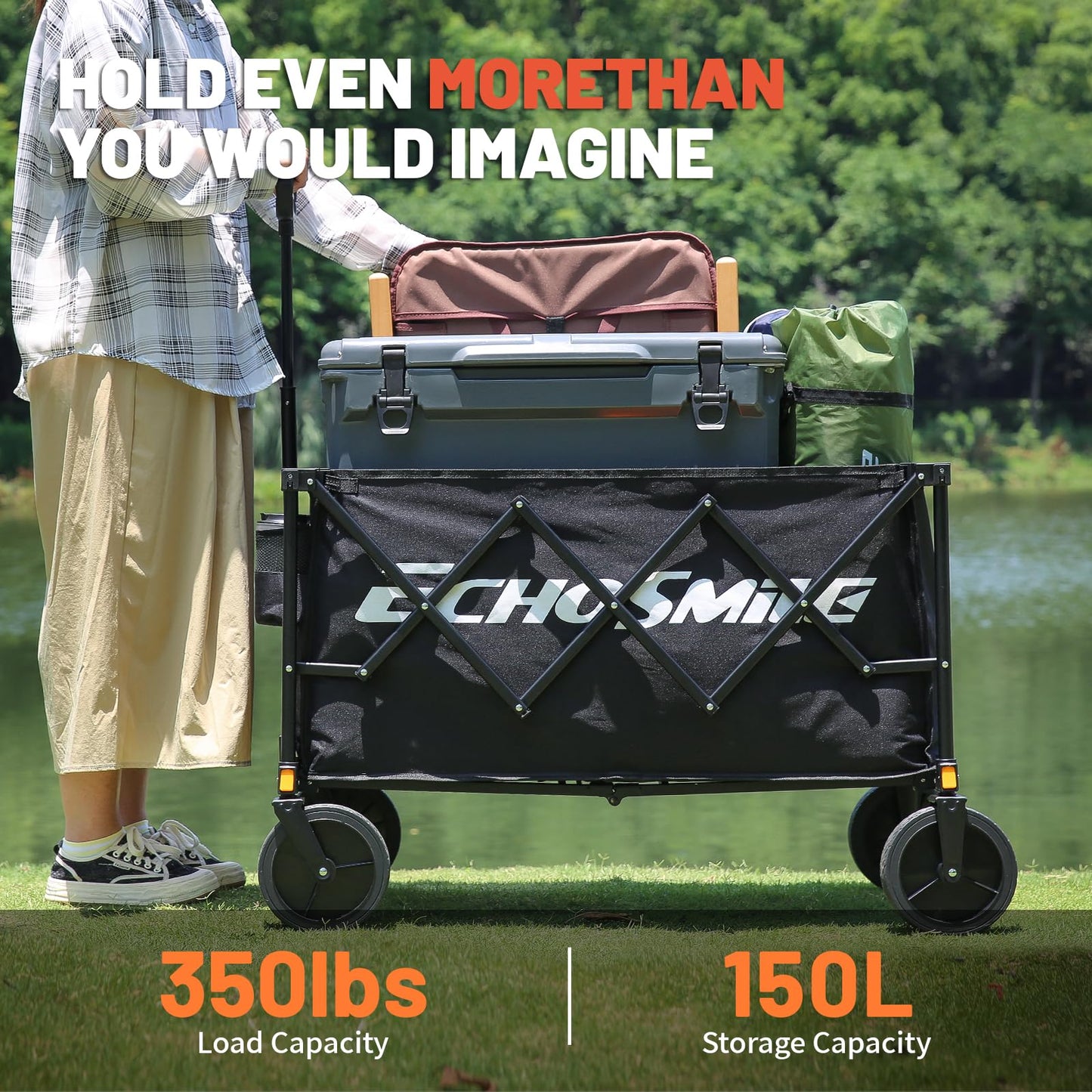 EchoSmile Collapsible Foldable Wagon Cart with 350lbs Weight Capacity, Heavy Duty Folding Utility Sport Wagon with Removeble Wheels for Camping,Grocery,Garden,Beach,Black