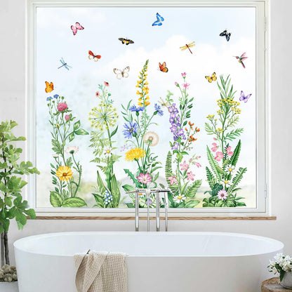 Tanlaby Wild Flower Window Clings Spring Floral Grass Wildflower Window Stickers with Butterfly Green Plant Static Window Decals for Home Glass Doors Decor