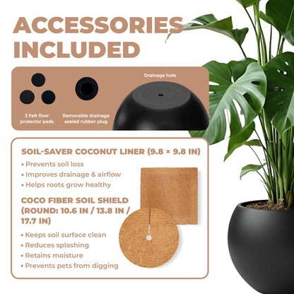 DEPLA LANE Marlo Fiberstone Round Planter, Lightweight, Durable (11.6" Pot Opening x 16.9"D x 13.4"H) Smooth Finishes, UV Resistant, Modern Minimalist Home Decor, Indoor Outdoor Plant Pot (M, Black)